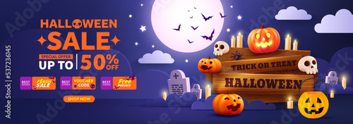 Halloween Sale Promotion Poster or banner template. Halloween night seen With Big Moon, Halloween pumpkins,Old wooden board and skull. Website spooky or banner template. Vector illustration eps 10