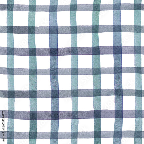 Blue-green seamless background. watercolor stripes, texture for picnic tablecloth, shirts, plaid, clothes, dresses, blankets, paper. checkered summer brush strokes