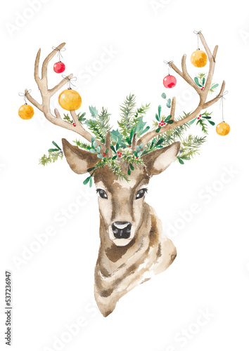 Cute christmas deer in green branches and balls. Hand-drawn watercolor illustration  isolated on white backdround.