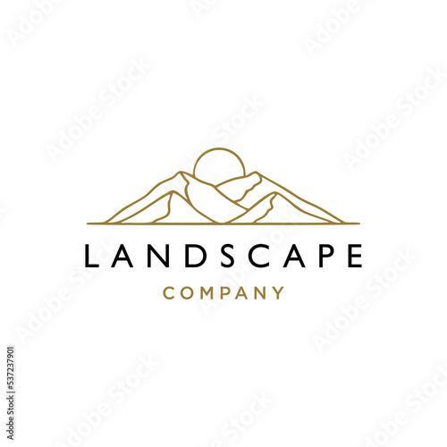 elegant hipster gold sun sunset sunrise with mountain hill logo icon vector in trendy line linear, nature landscape outline logo 