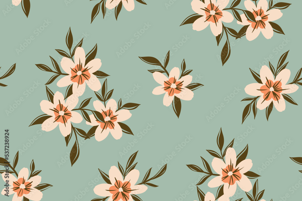 Seamless floral pattern, pretty ditsy print with small white flowers on a blue background. Romantic botanical design of hand drawn flowers, leaves with rustic motifs. Vector illustration.