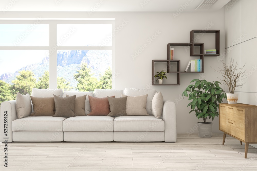 Fototapeta premium White living room with sofa and summer landscape in window. Scandinavian interior design. 3D illustration