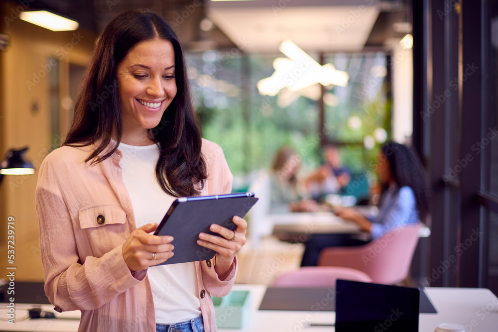 Fototapeta premium Smiling Businesswoman Standing In Modern Open Plan Office Using Digital Tablet