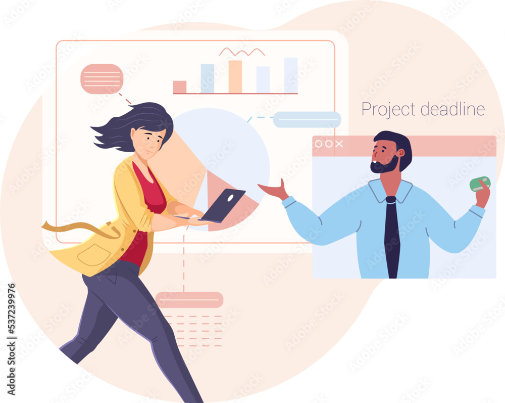 Busy businesswoman rushing to do project on time. Overworked office worker running with laptop computer discussing strategy and project during video conference. Deadline disruption flat vector
