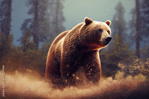 A grizzly brown bear in the natural environment of American forest and wildlife. Ursus arctos horribilis species. 3D illustration and rendering. photo