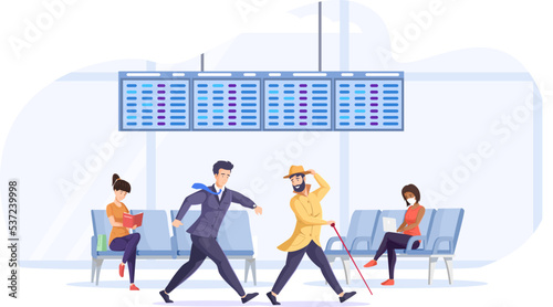 Two businessmen hurriedly walking through departure hall terminal in airport. Passengers late for boarding afraid to miss plane.