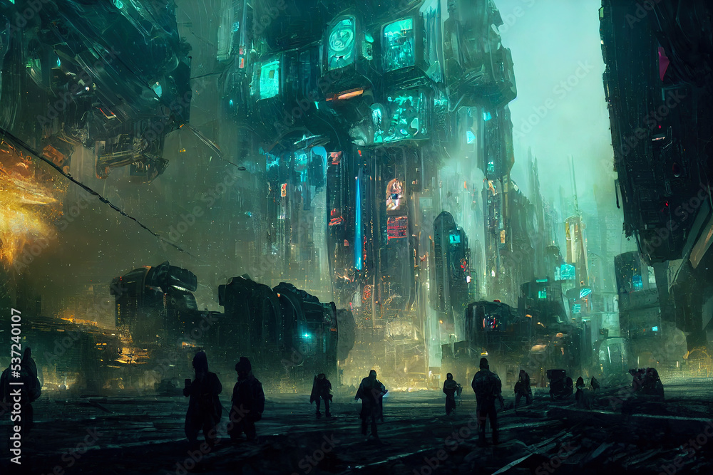 Digital concept art of a retro futuristic mega city with cyberpunk ...