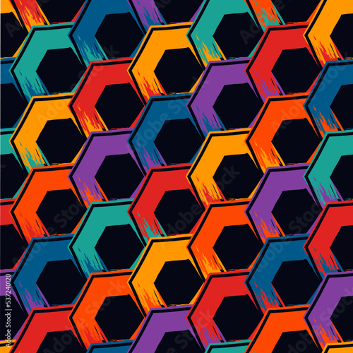 Fototapeta Naklejka Na Ścianę i Meble -  Paint brush hexagons. Hand drawn honeycombs background. Hexahedrons wallpaper. Hives motif. Geometric backdrop. Ethnic digital paper. Web designing. Textile print. Seamless pattern