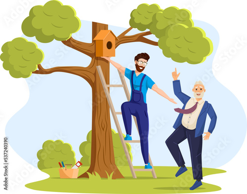 Two men hanging birdhouse on tree in garden or park. One man in overalls climbing ladder to fasten birdhouse. Another standing with his finger raised giving advice. People caring on nature vector