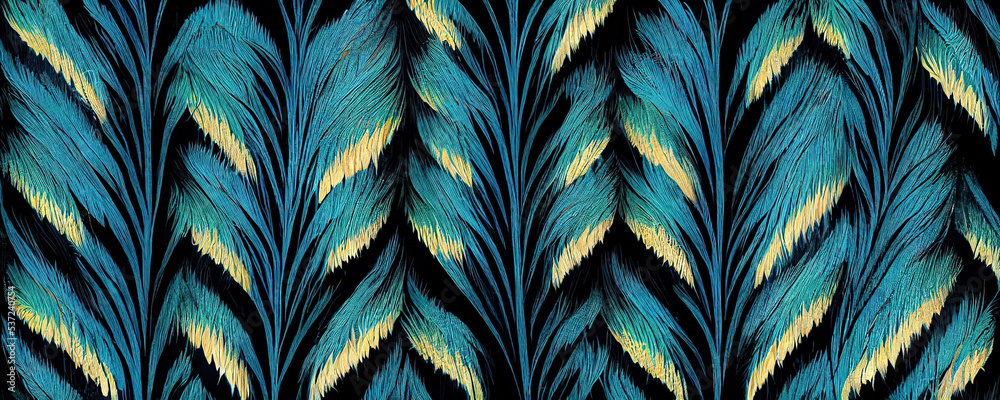 Digital illustration of repeating pattern of peacock feathers. Blue and yellow bird feathers artwork illustration for backdrop, overlays, postcards and backgrounds.