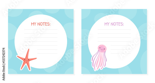 Note Page with Cute Sea Animal and Underwater Mammal Floating in the Ocean Vector Template