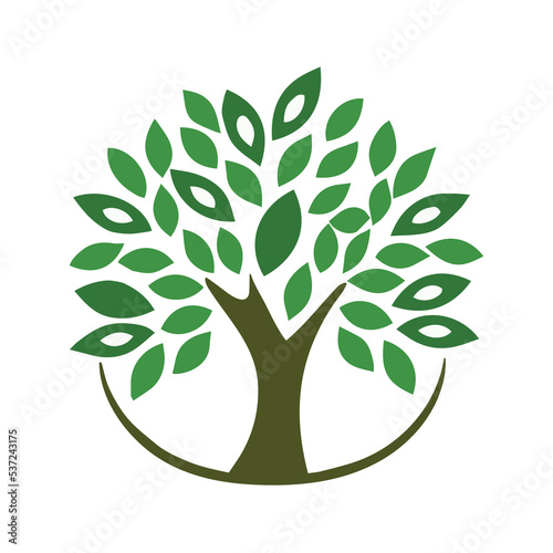 Tree logo illustration. Natural organic ecological symbol. Vector brown tree with green leafs. Modern emblem of healthy botanical agriculture. Flat design of natural plant. Symbol of bio sustainable.