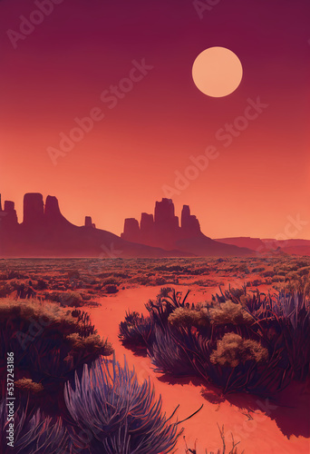 Illustration of a red western desert valley landscape with low vegetation bushes and cacti, a path leading to the big sandstone buttes.