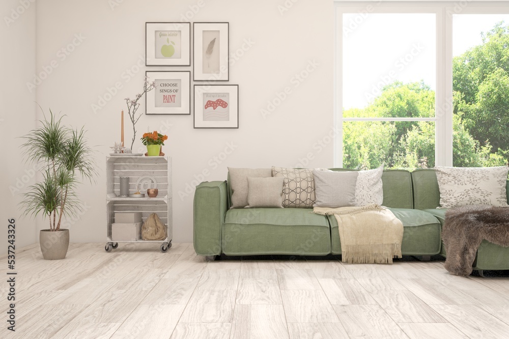 Fototapeta premium White living room with sofa and summer landscape in window. Scandinavian interior design. 3D illustration