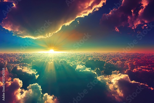 Slika na platnu Amazing idyllic background - way to heaven and eternal life, bright light from skies, glowing horizon, pink clouds