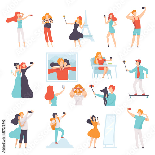 Wallpaper Mural Young Man and Woman Taking Selfie with Smartphone Camera Big Vector Set Torontodigital.ca