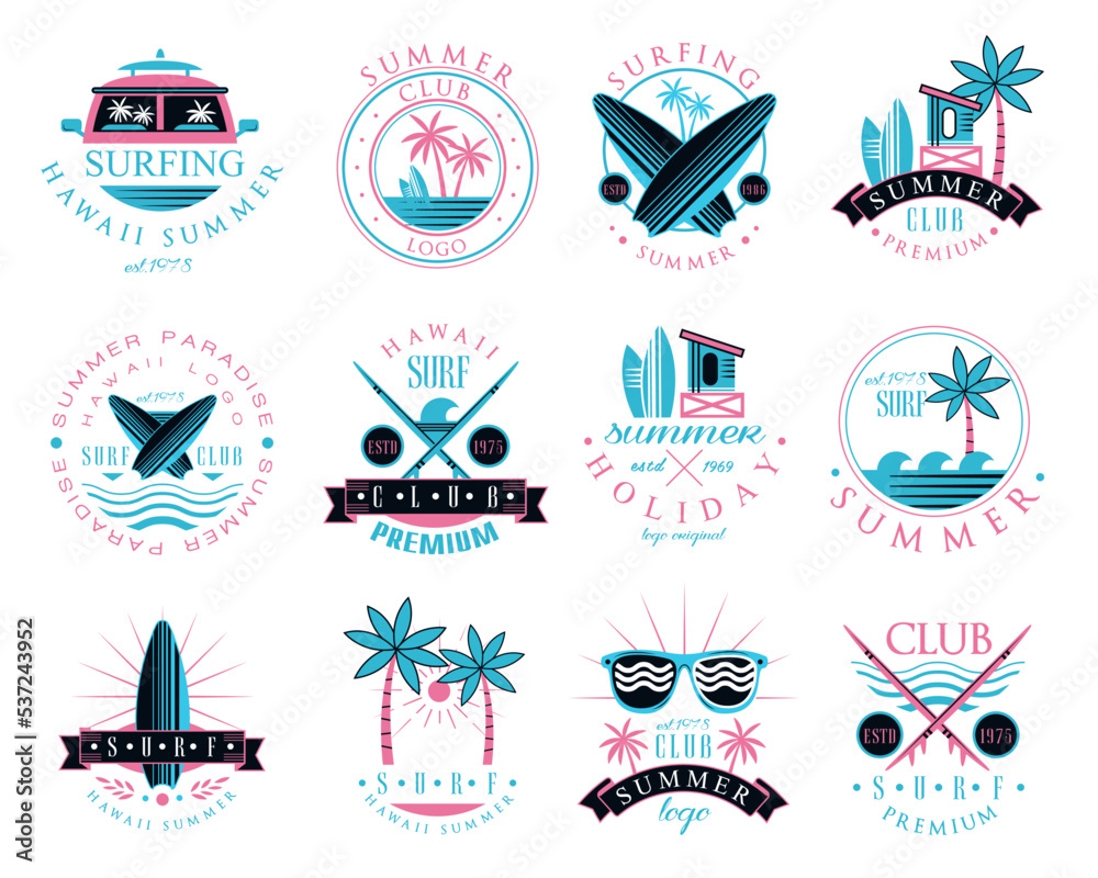 Surf Club Logo and Summer Holiday Beach Label with Surfboard and Palm Vector Set