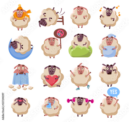 Funny Cartoon Sheep and Lamb Mascot Animal Engaged in Different Activity Big Vector Set
