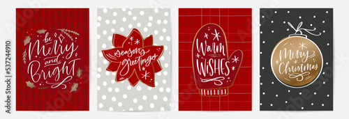 Christmas card set with calligraphy phrases and red, white, grey and black patterned backgrounds and gold decorations. Traditional colors design with Merry Christmas, warm wishes, seasons's greetings 