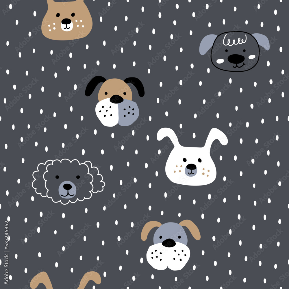 Hand drawn different dog faces on gray. Cute animal heads of different breeds, abstract. Seamless pattern with vector illustrations of dogs for a nursery or changing room.