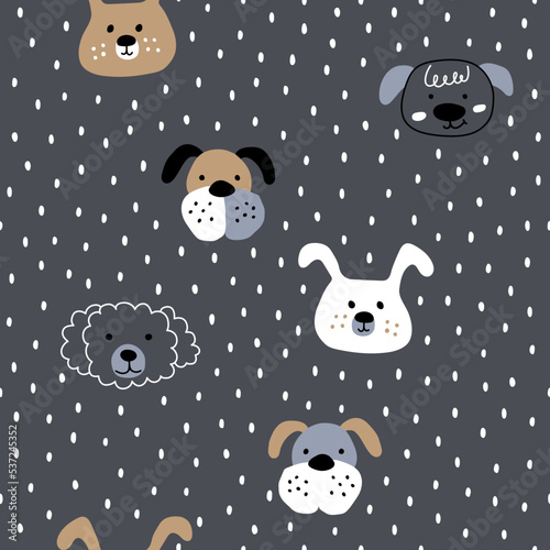 Fototapeta Naklejka Na Ścianę i Meble -  Hand drawn different dog faces on gray. Cute animal heads of different breeds, abstract. Seamless pattern with vector illustrations of dogs for a nursery or changing room.