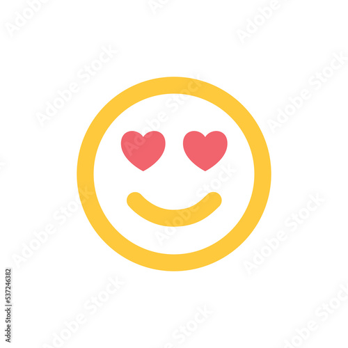Smile icon, happy face in love, smiling emoji, yellow sticker with heart eyes. Vector flat illustration. Love icon.