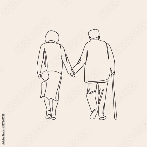 Elderly couple in continuous line art drawing style. Senior man and woman walking together holding hands. Minimalist black linear sketch isolated on white background. Vector illustration