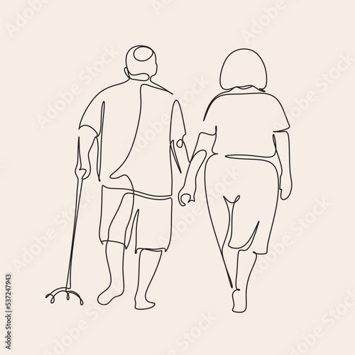 Elderly couple in continuous line art drawing style. Senior man and woman walking together holding hands. Minimalist black linear sketch isolated on white background. Vector illustration