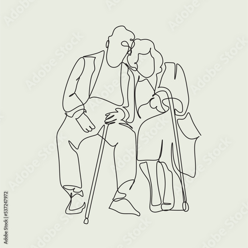 Continuous one line drawing of senior couple. Elderly people hug together. Old people in love. Man and woman on the path of life. Caring for each other. Vector illustration, freehand drawing