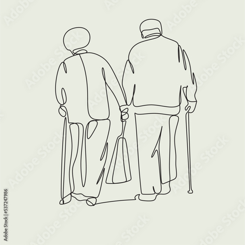 Continuous one line drawing of senior couple. Elderly people hug together. Old people in love. Man and woman on the path of life. Caring for each other. Vector illustration, freehand drawing