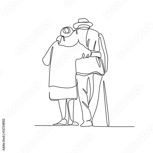 Obraz na płótnie Continuous one line drawing of senior couple. Elderly people hug together. Old people in love. Man and woman on the path of life. Caring for each other. Vector illustration, freehand drawing w salonie