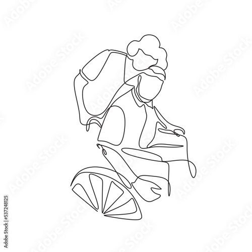 Elderly couple in continuous line art drawing style. Old man disabled in a cart and his wife. Vector illustration. One continuous drawing line logo of a disabled man in a wheelchair. Single hand drawn