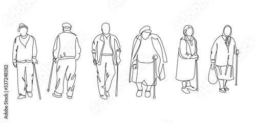 Elderly overweight man and woman with stick. Continuous one line drawing. Vector illustration. Continuous one line drawing of full length profile of a drandmother or grandfather. Grandparents line art