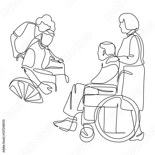 Elderly couple in continuous line art drawing style. Old man disabled in a cart and his wife. Vector illustration. One continuous drawing line logo of a disabled man in a wheelchair. Single hand drawn