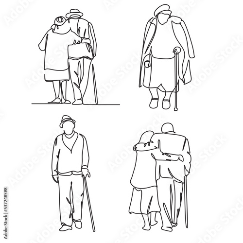 Elderly couple in continuous line art drawing style. Senior man and woman walking together holding hands. Minimalist black linear sketch isolated on white background. Vector illustration