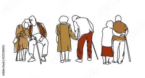 Continuous one line drawing of senior couple. Elderly people hug together. Old people in love. Man and woman on the path of life. Caring for each other. Vector illustration, freehand drawing
