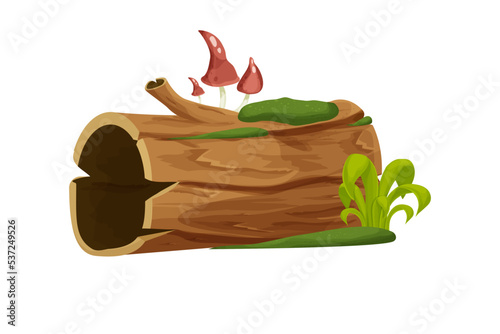 Old wood, tree log, trunk with moss and grass empty in cartoon style isolated on white background. Forest clipart, old and broken piece, part. 