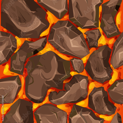 Lava, magma with stones in cartoon style seamless pattern background. Eruption effect, landscape. Texture, design