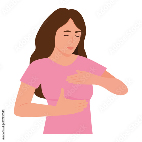 Woman checking her breast to prevent and support the cause of breast cancer. Breast self exam concept vector illustration on white background.