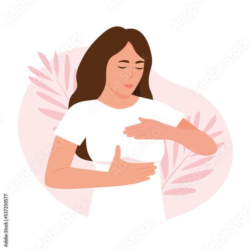 Woman checking her breast to prevent and support the cause of breast cancer. Breast self exam concept vector illustration photo