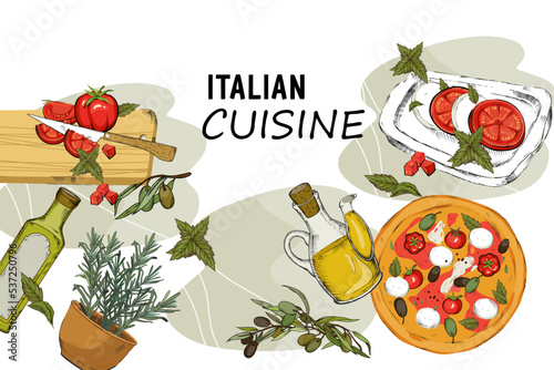 Italian cuisine banners template. Food and drink Italian restaurant or pizzeria menu design, hand drawn vector illustration on white background.