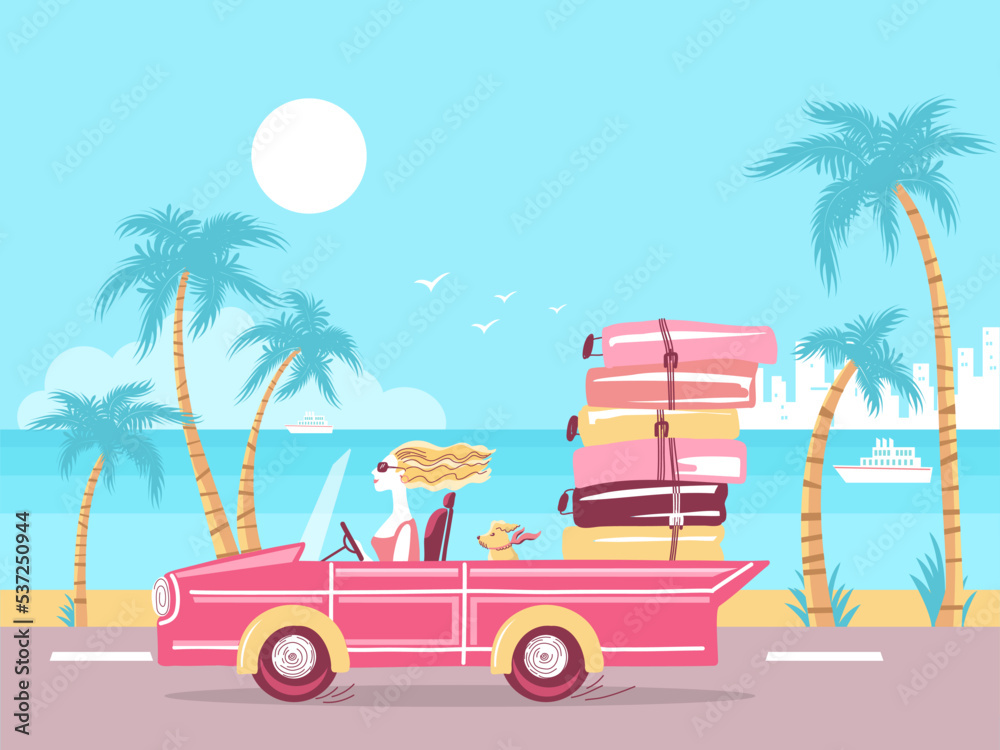 Obraz premium Woman driving car to sun beach. Glamour blond woman with Luggage bags driving pink cabriolet to summer vacation. Vector Illustration of Tropical palms and beach background.