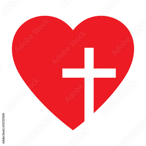Christian cross icon in the heart inside.  Jesus love symbol. God vector illustration.
