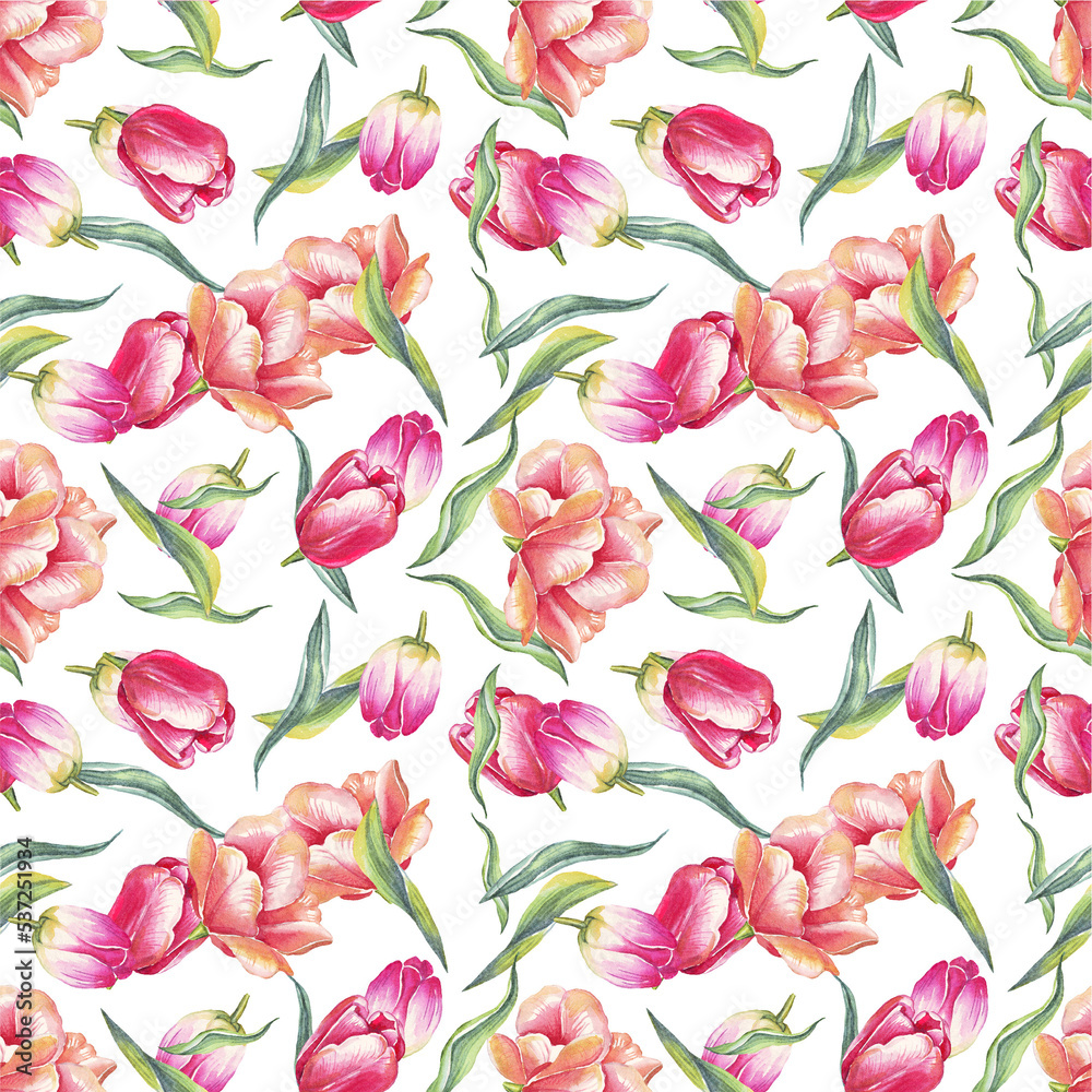 Watercolor tulips. Seamless pattern