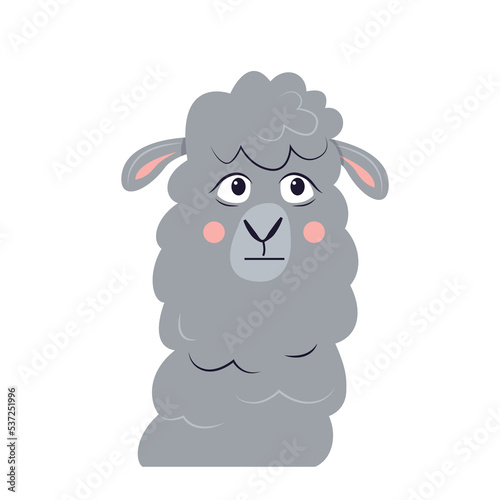 Cute cartoon frustration lama. A head of funny upset alpaca isolated on a white background.