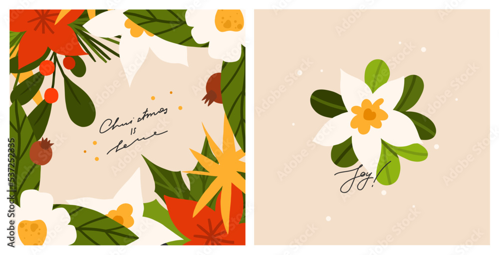 Hand drawn vector abstract graphic Merry Christmas and Happy new year clipart illustrations greeting card set with flowers and leaves.Merry Christmas cute floral design background.Winter holiday art.