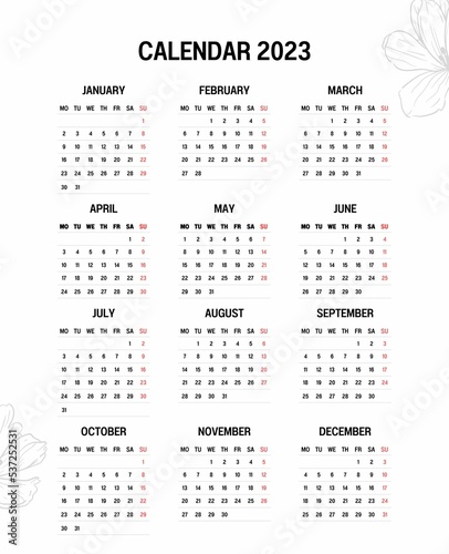 Calendar 2023 week start Sunday corporate design planner template.