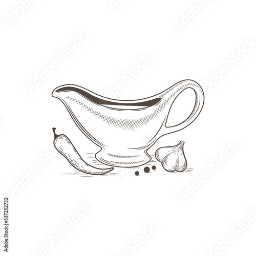 Hand drawn retro style sauceboat with papper and garlic. 
