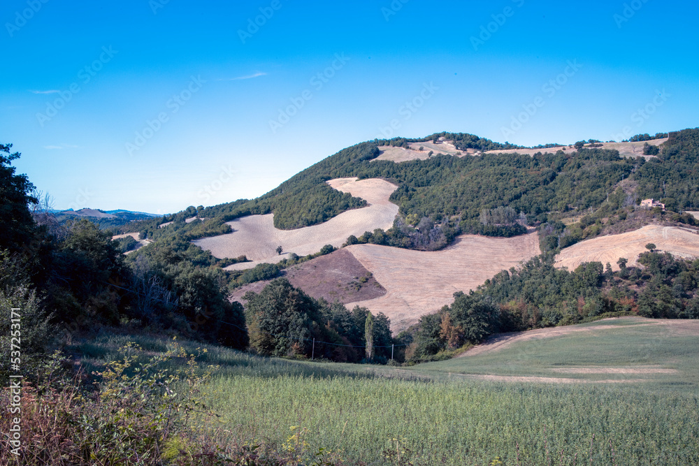 Urbino, (PU), Italy - August 10, 2022: Hills near Urbino, Pesaro Urbino, Marche, Italy, Europe