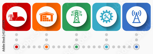 Power and energy vector icons, industrial infographic template, flat design web buttons on white